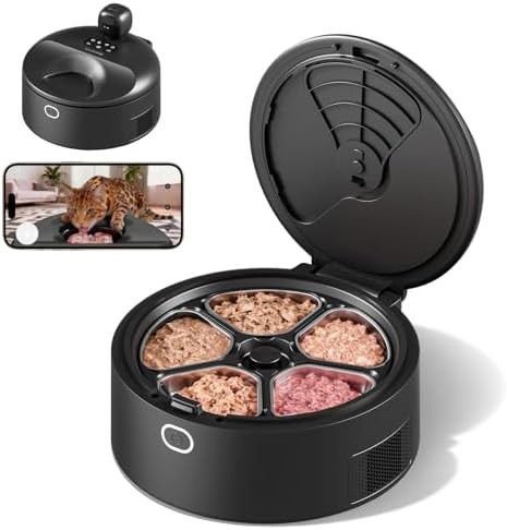 Black five meal wet food feeder with camera